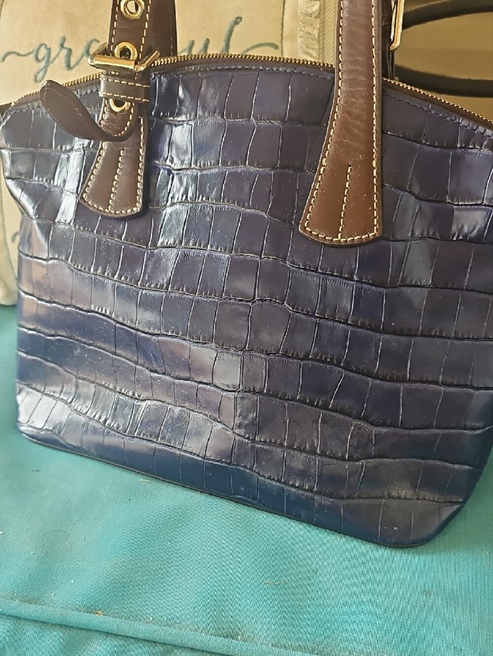 Dooney & Bourke Navy Croc-Embossed Tote with Brown Trim - Picture 4 of 8